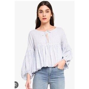 Free People Beaumont Mews Blue White Striped Peasant Top Size XS